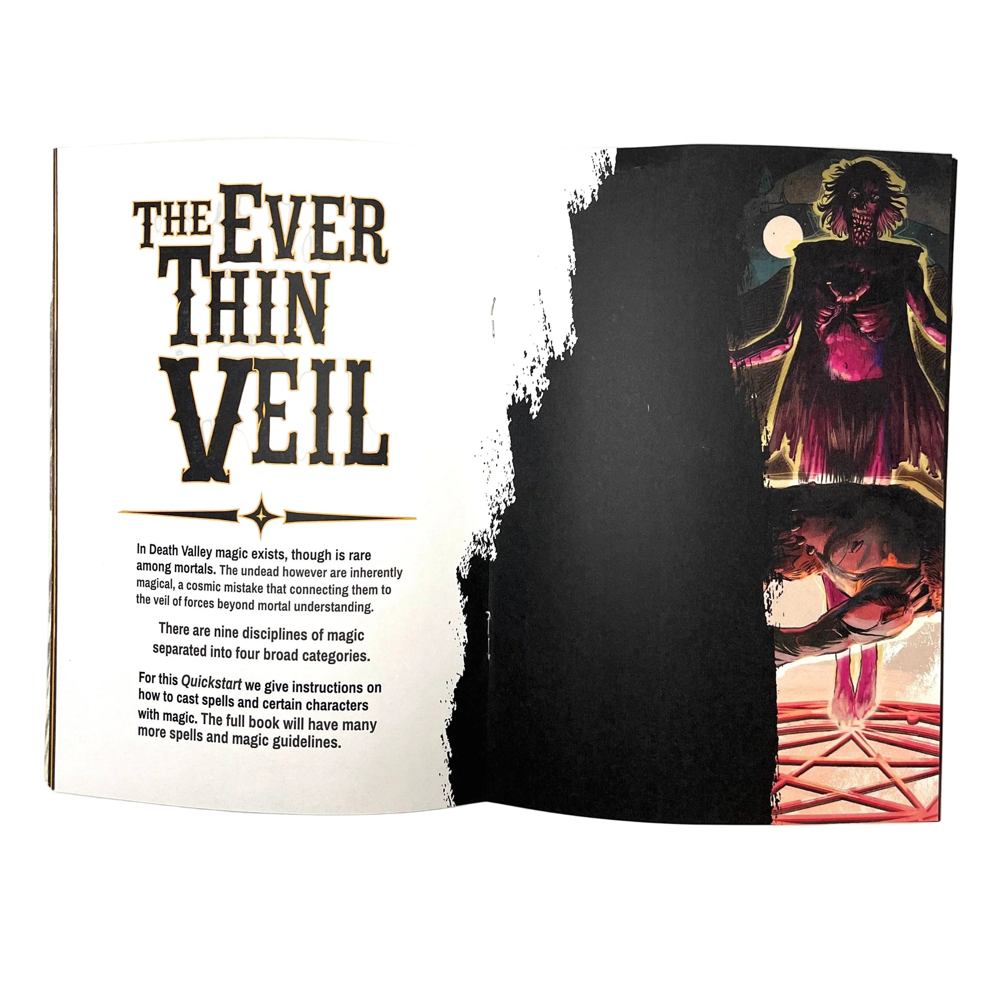 An open book of Death Valley RPG showing printed pages. The left page has the title 'THE EVER THIN VEIL' in large black text with a small amount of body text below.