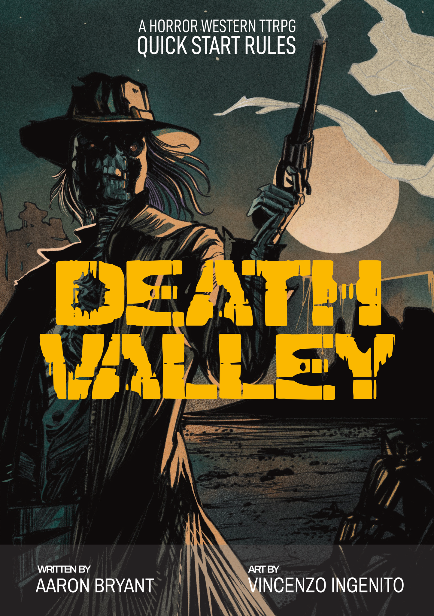 Book cover with Death Valley in large yellow font and a skeleton cowboy holding a smoking gun.