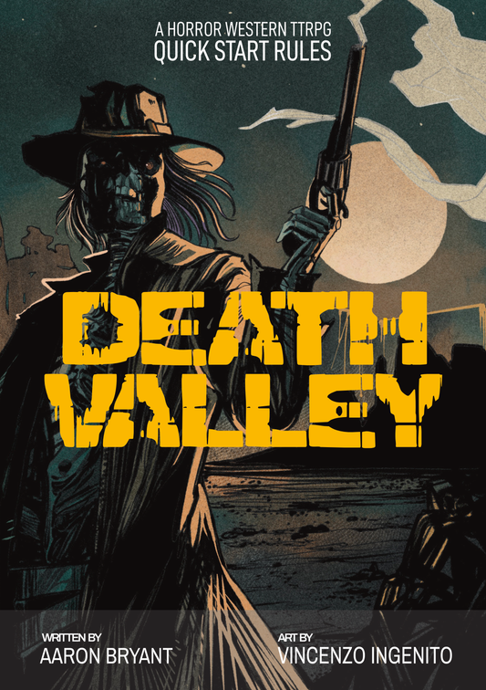 Book cover with Death Valley in large yellow font and a skeleton cowboy holding a smoking gun.