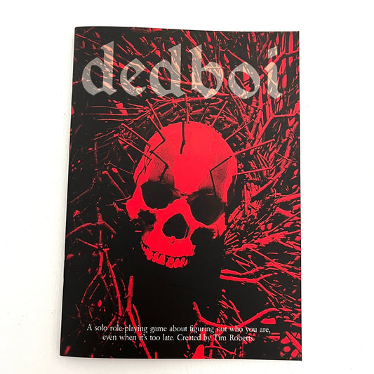 A solo horror rpg with a black and red cover of a skull in vines and a gothic text of Dedboi