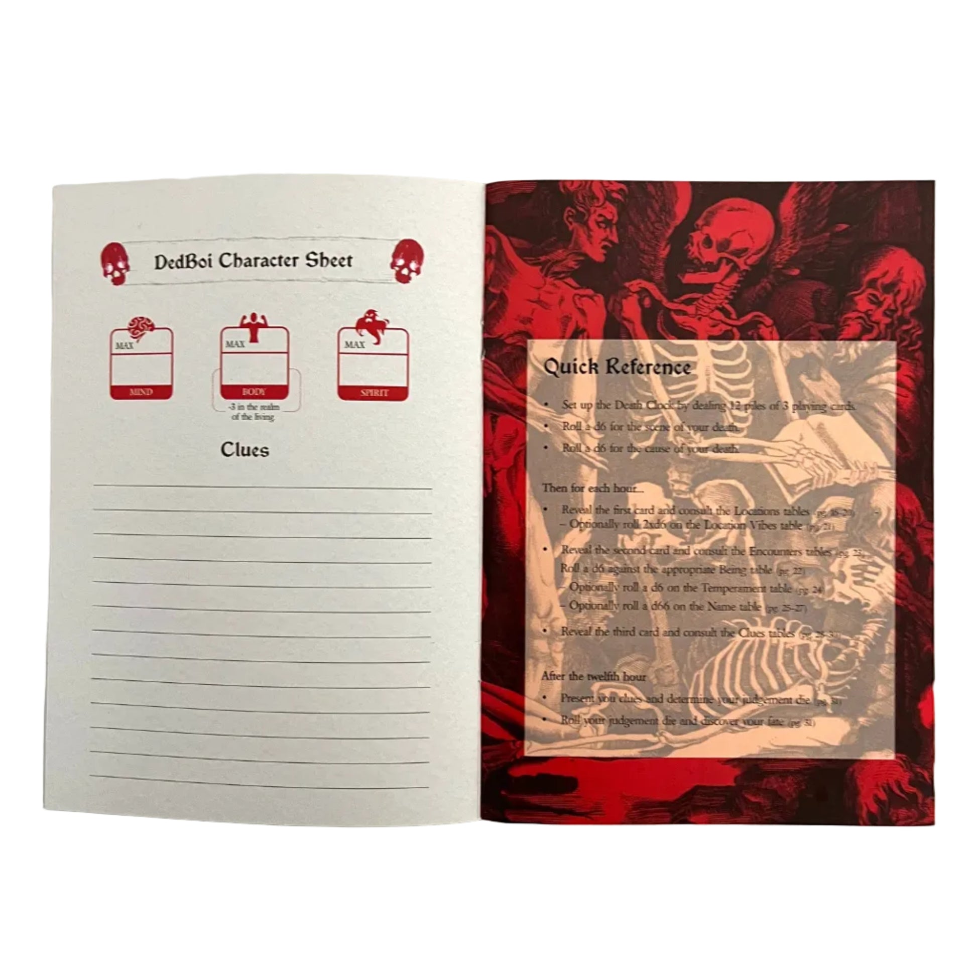 Dedboi solo rpg character sheet for a horror investigation game
