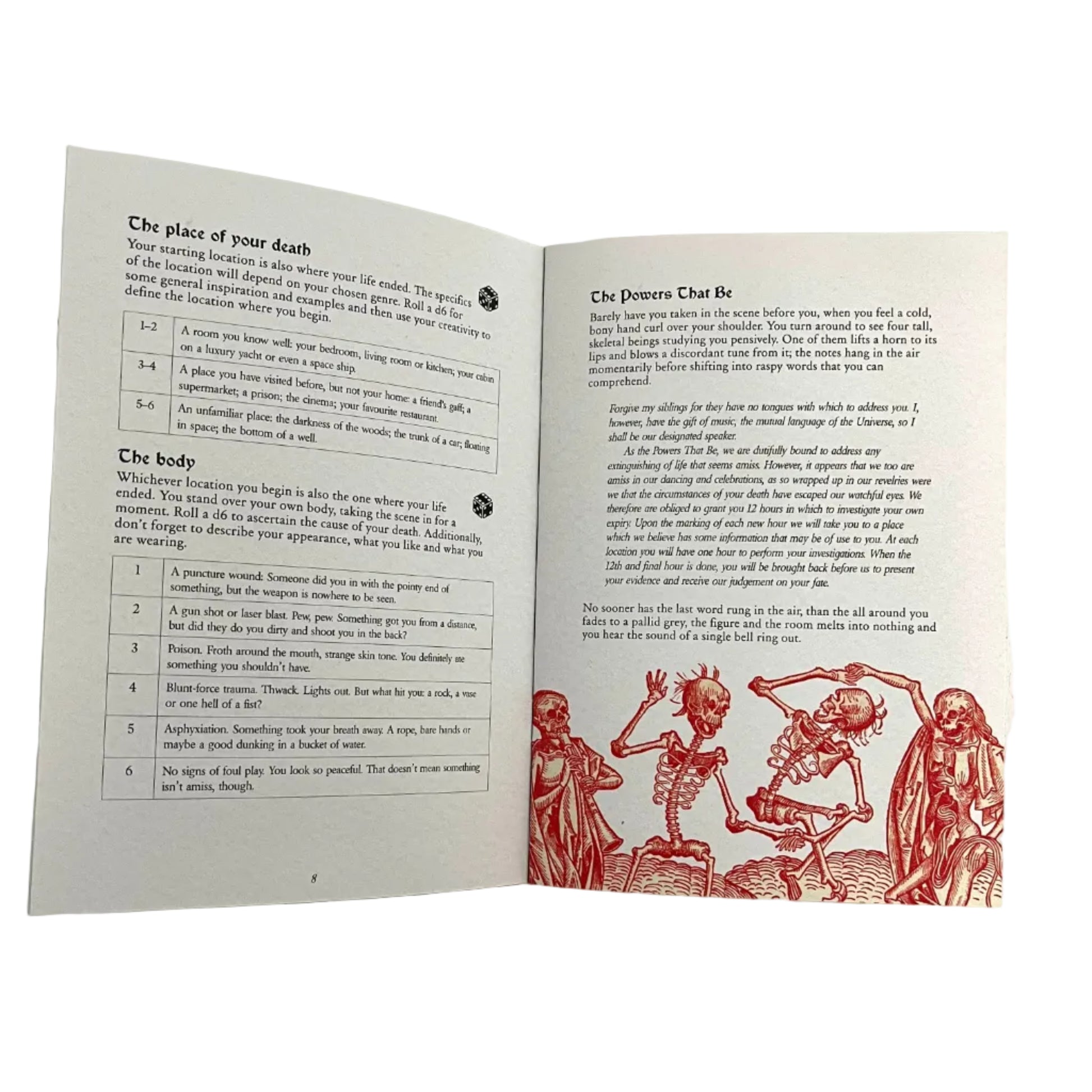 Dedboi a solo investigation rpg inner pages showing images of skeletons playing