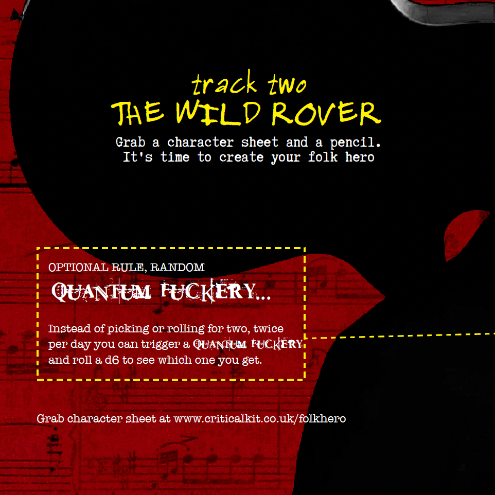Folk Hero solo rpg inner page titles track two The Wild Rover with a silhouette of a guitar on a musicians solider

