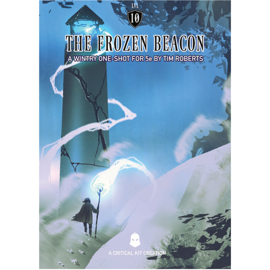 Book cover of 'The Frozen Beacon' with a character holding a lantern in a snowy landscape.