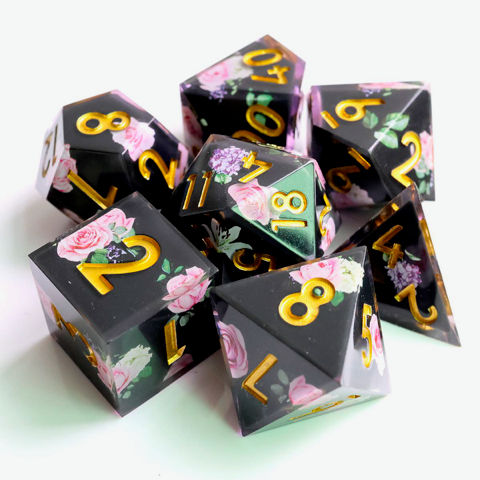 DND dice set with a Rose covered insert, framed with clear resin for TTRPG role playing games for dice goblin and dragon collectors.