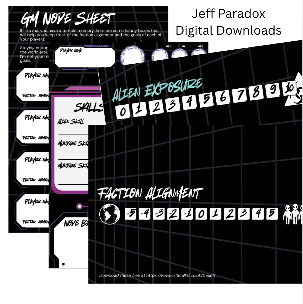 Collection of gaming sheets and components with text and numbering on a black background.