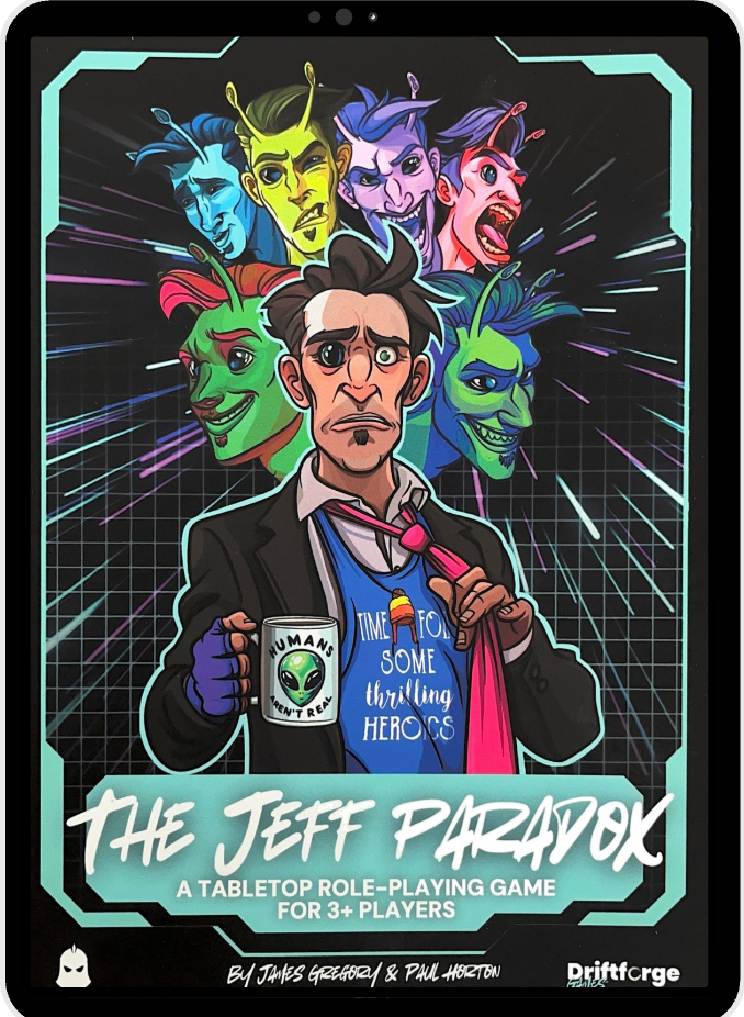 Cover of 'The Jeff Paradox' tabletop role-playing game with colorful characters and a central figure holding a mug.