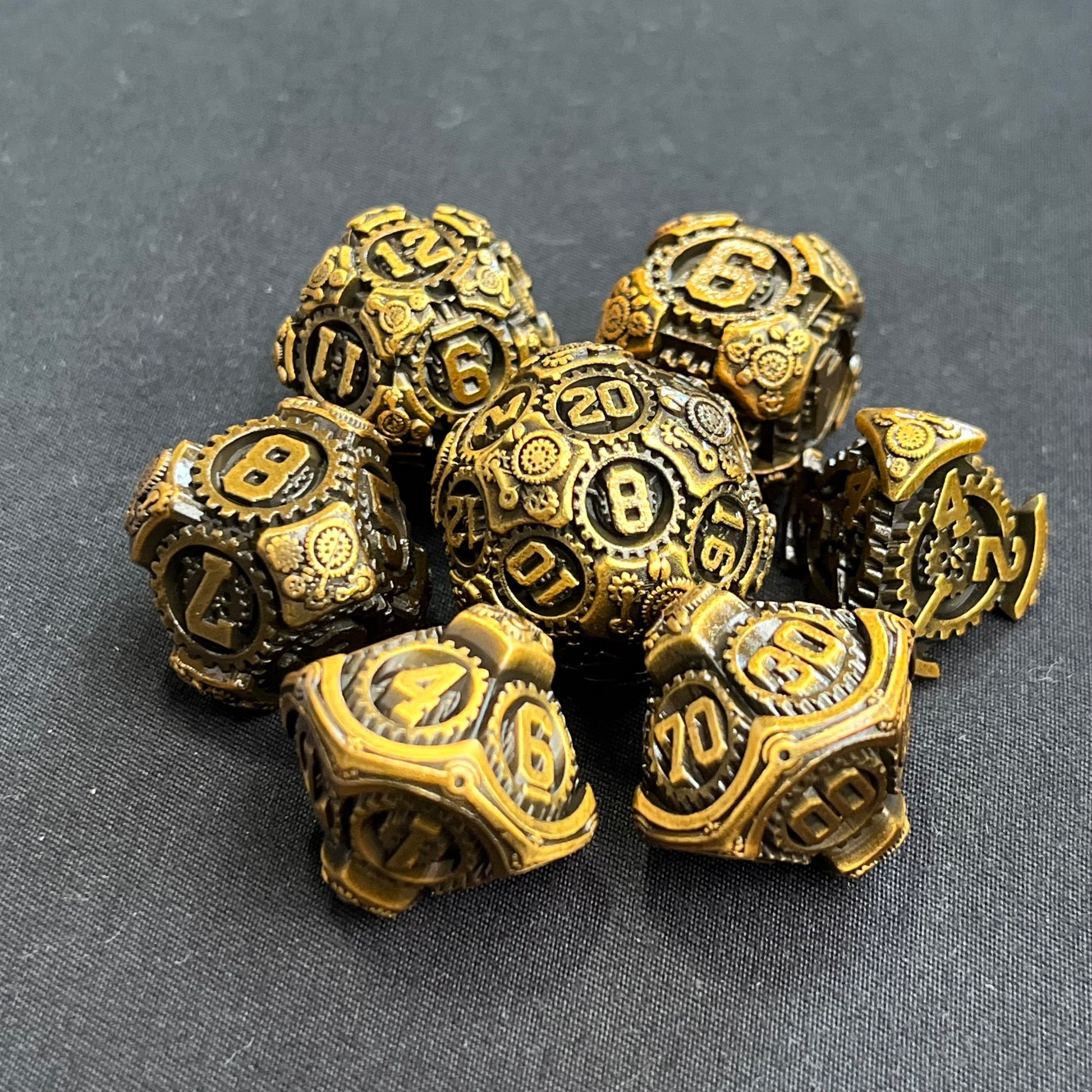 Steampunk metal dnd dice set, TTRPG role playing game for dice goblin and dice dragon collectors