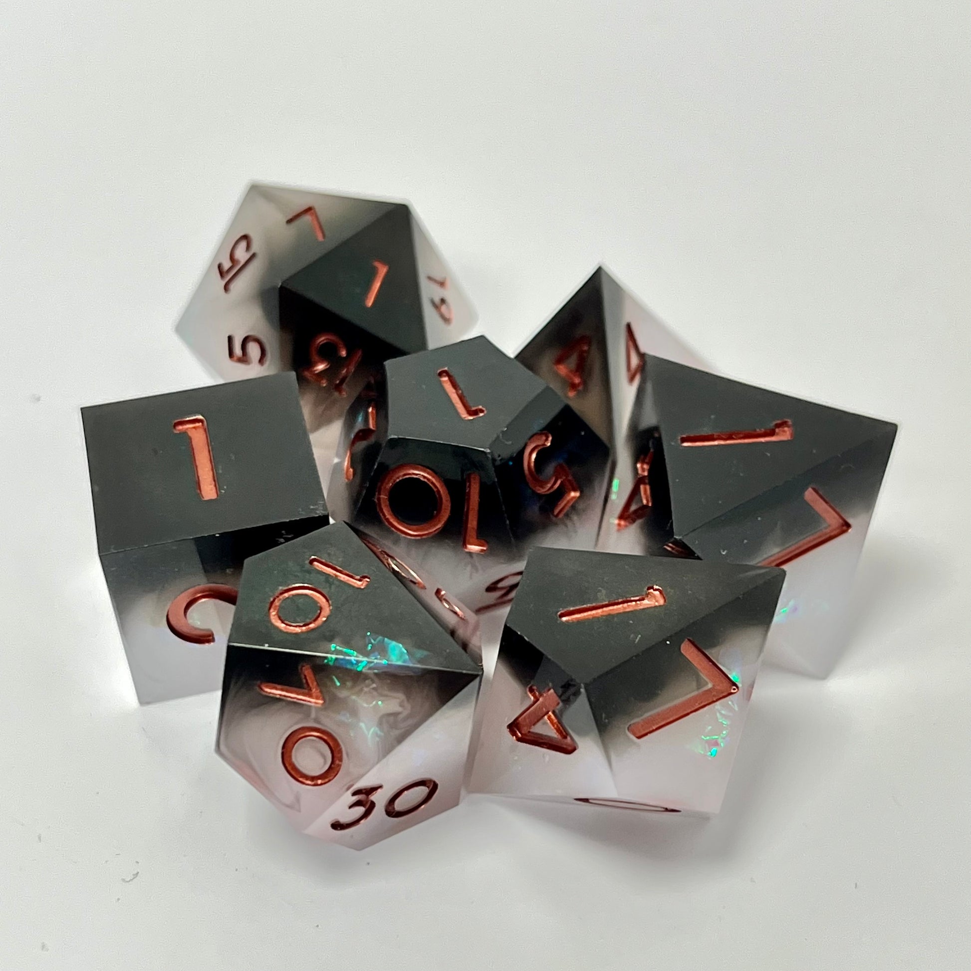 black and white sharp edge dnd dice sets, for TTRPG, RPG role playing games and dice goblin collectors