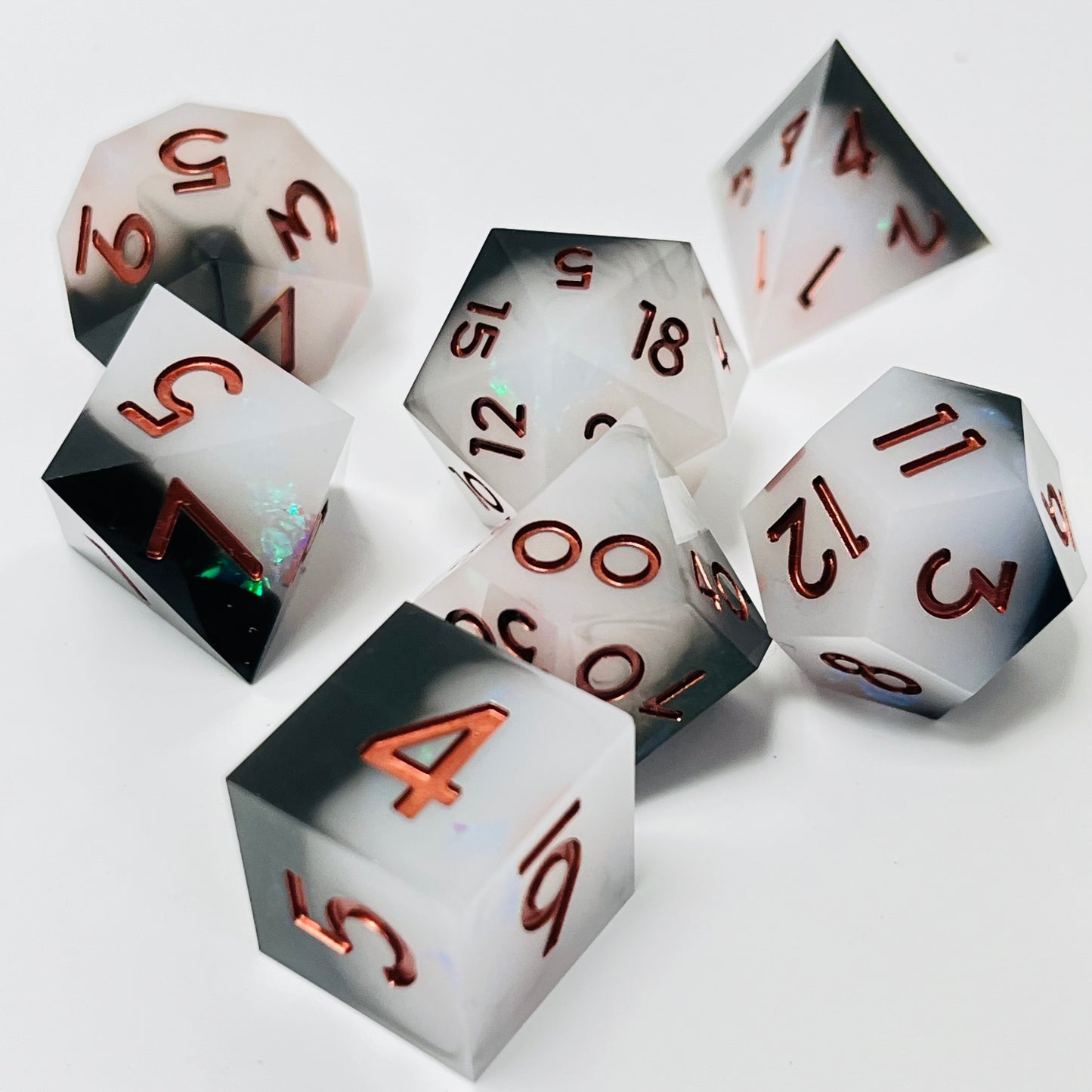 black and white sharp edge dnd dice sets, for TTRPG, RPG role playing games and dice goblin collectors