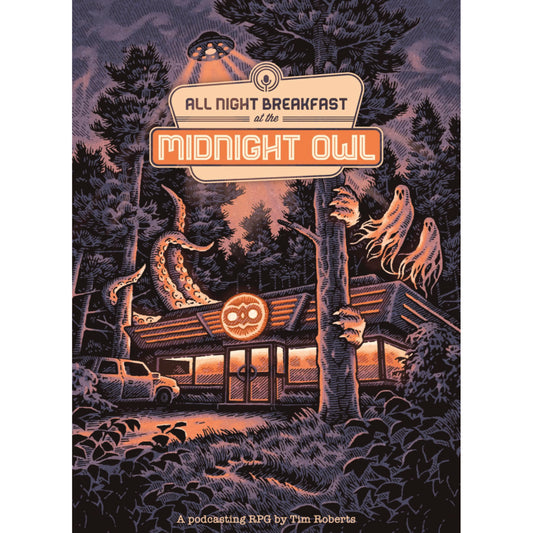 Cover of 'All Night Breakfast at the Midnight Owl' with a spooky cabin and trees in the night.