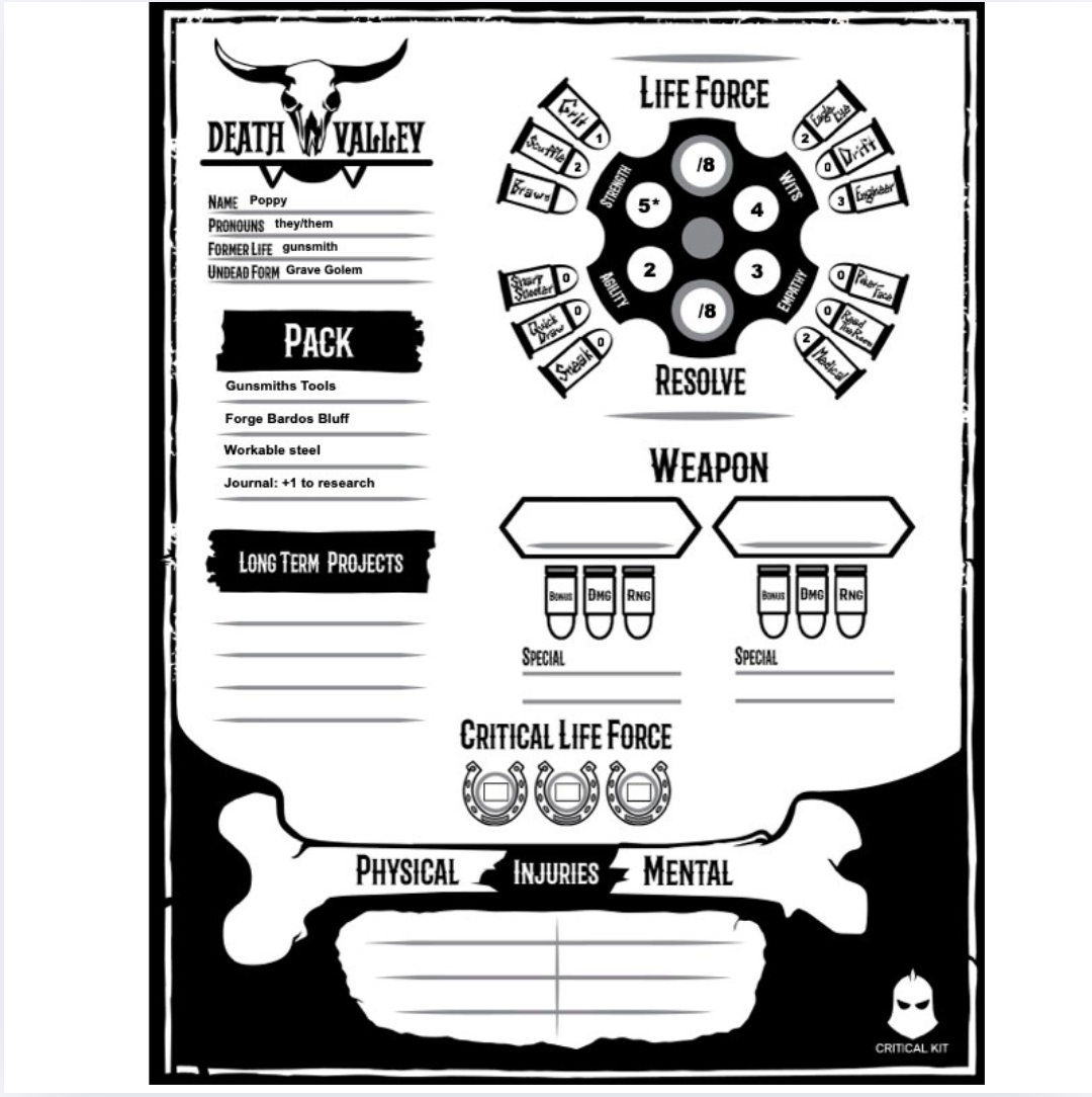 Pre Gen Character Sheet Death Valley to play a grave golem