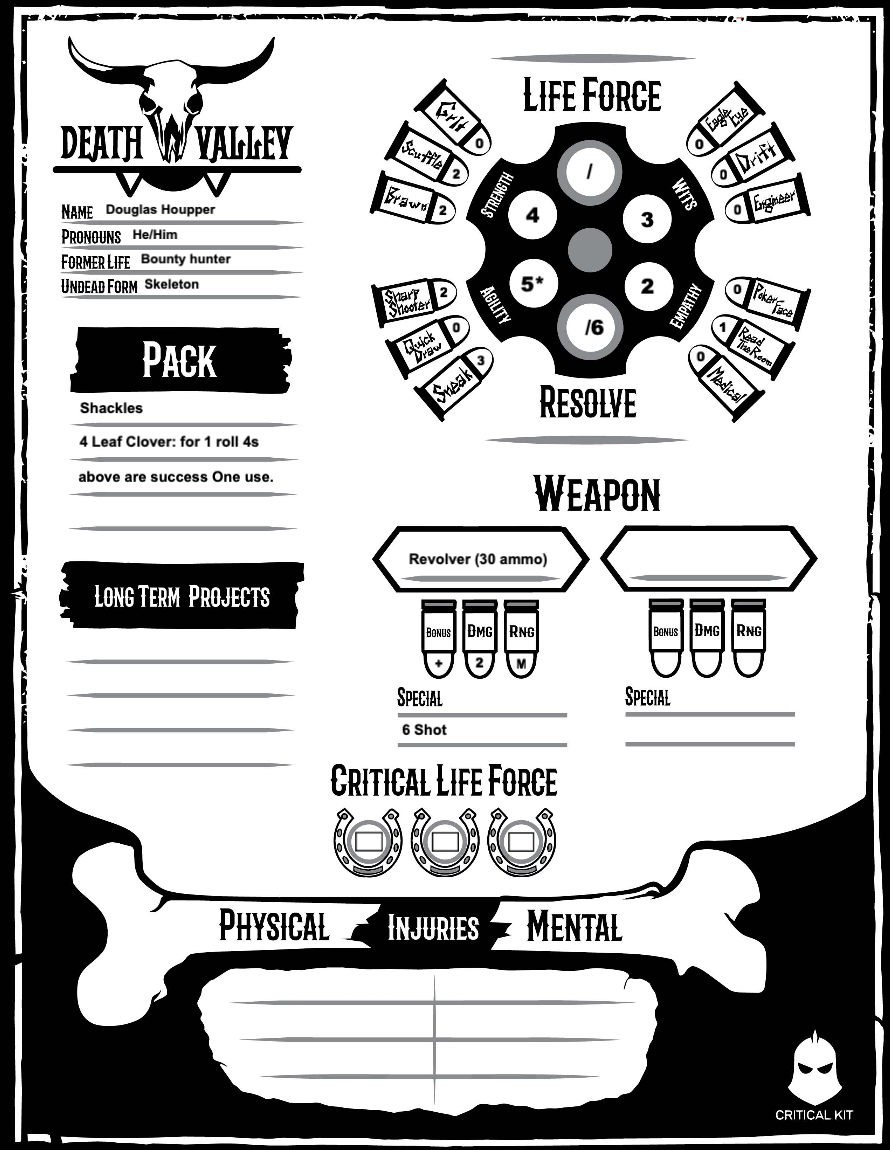 Pre Gen Character Sheet Death Valley to play a skeleton