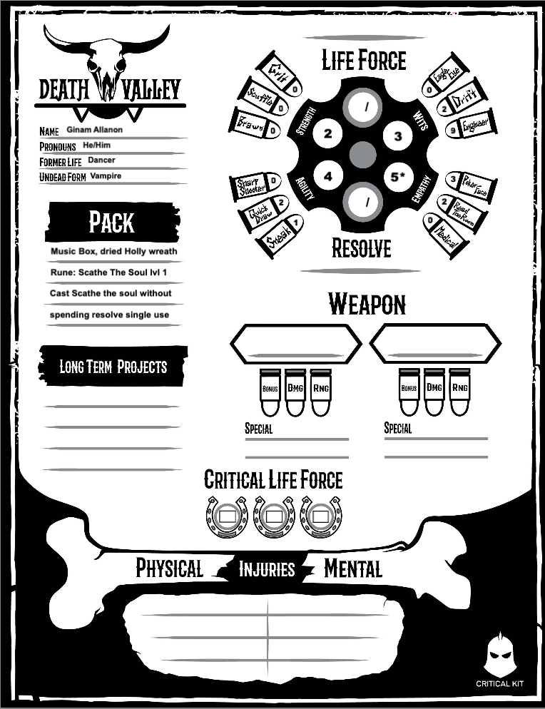 Pre Gen Character Sheet for Death Valley for a vampire