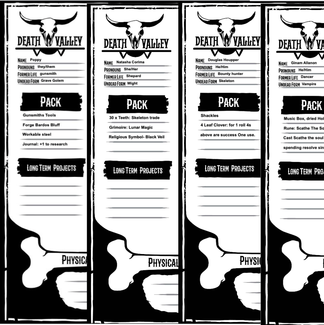 Pre Gen Character Sheet Death Valley all four characters, Grave Golem, Vampire, Skeleton and Bounty Hunter