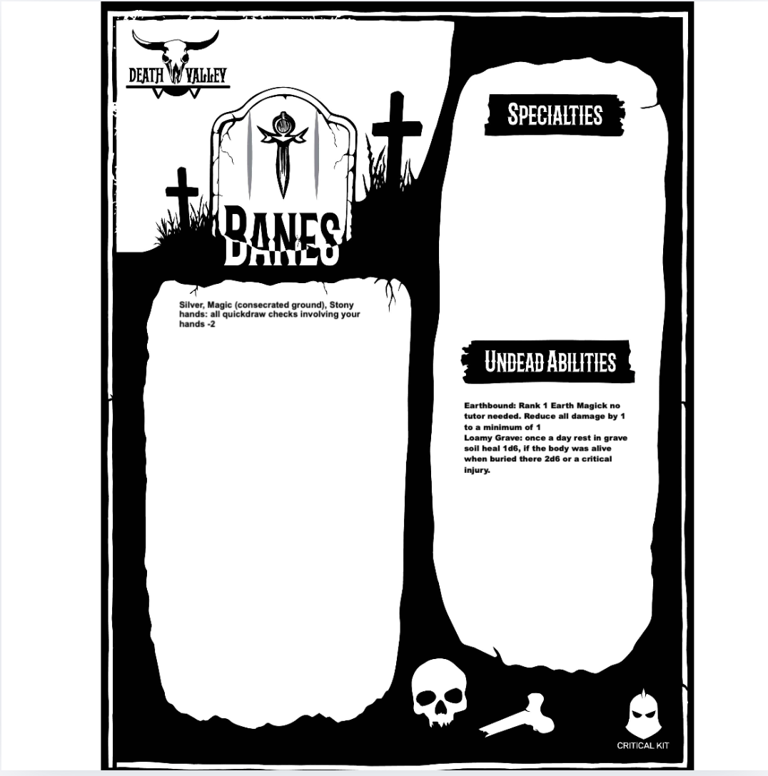 Pre Gen Character Sheet for Death Valley to record your banes, specialities and undead abilities