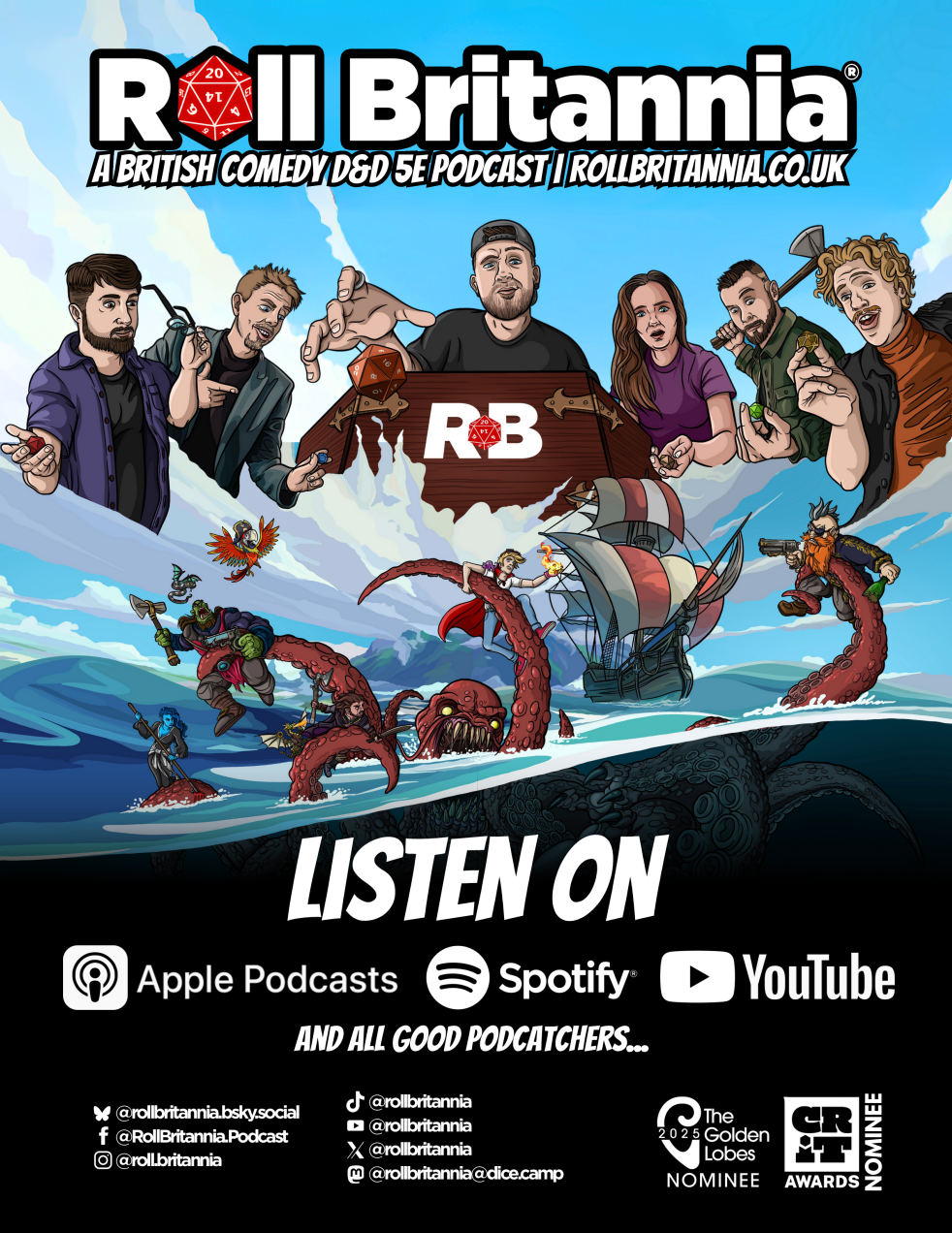 Promotional poster for 'Roll Britannia' with cartoon characters and text about a British comedy podcast.