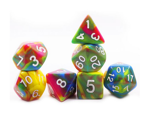 Marbled rainbow dnd dice set, rpg dice for role playing games, critical critters, dice goblin and dice dragon collectors