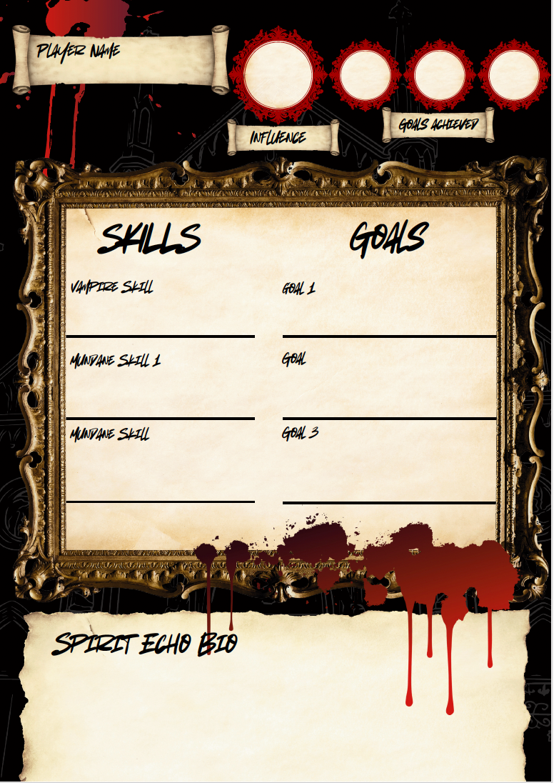 Character sheet with 'Skills' and 'Goals' sections on a dark background with blood effects.