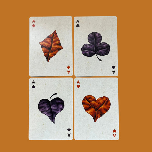 Wires in the Woods autumnal playing cards showing the Ace cards which are illustrated as leaves