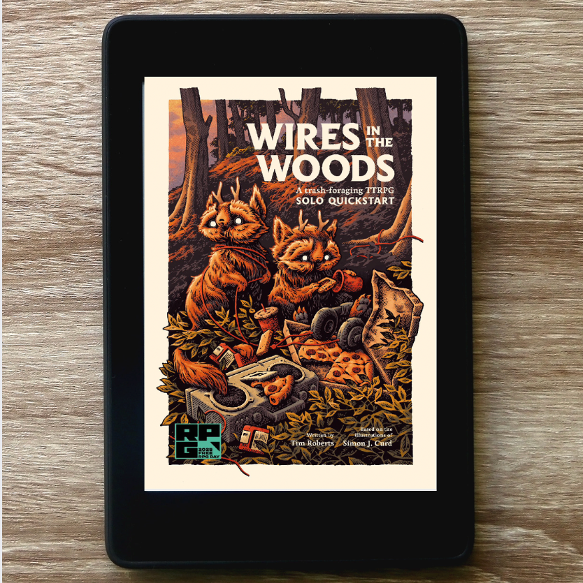 A ereader lying flat on a light brown wood-grain surface, displaying a book cover titled 'Wires in the Woods' with an illustration of creatures created by Simon J Curd