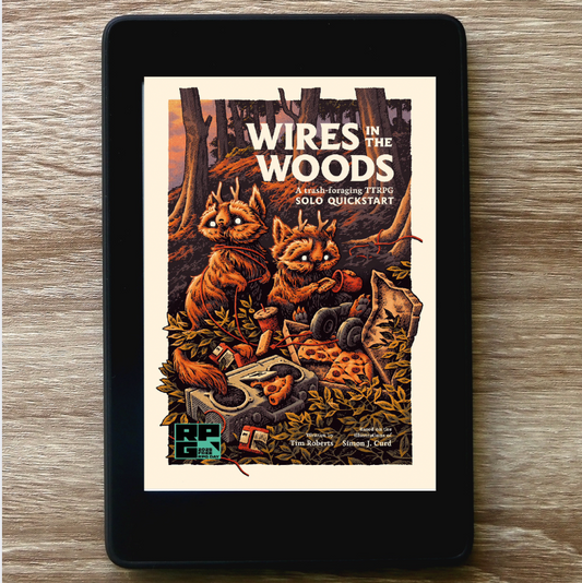 A ereader lying flat on a light brown wood-grain surface, displaying a book cover titled 'Wires in the Woods' with an illustration of creatures created by Simon J Curd