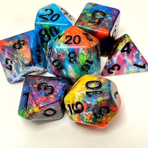 rainbow dnd ttrpg dice set, for role playing games, dice goblins and dice dragons
