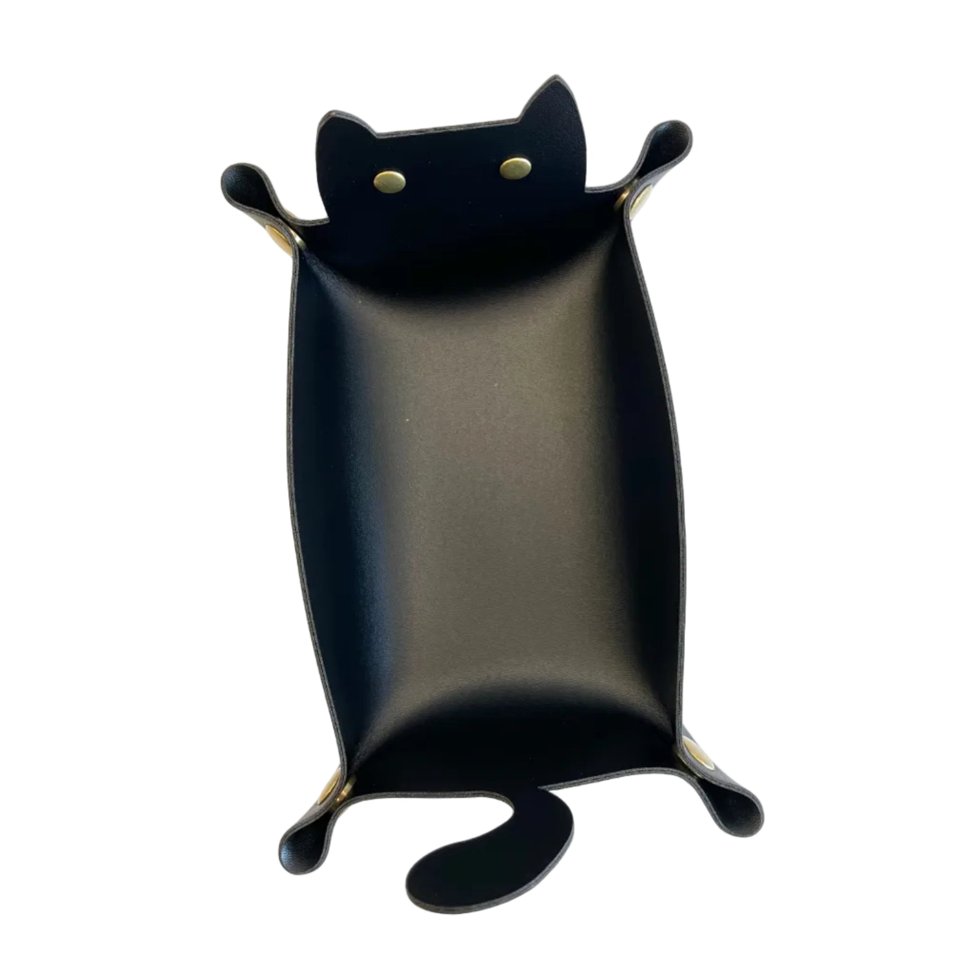 A black cat-shaped dice tray with small gold-coloured eyes and paw-pad accents, photographed against a plain white background.