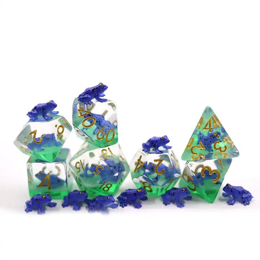 Blue frog dnd dice set, uk dice store, TTRPG, role playing games and RPG, dice goblin