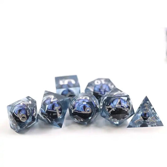 Sharp edge dragon moving eye dnd dice set, for TTRPG role playing games and dice goblin and dice dragon collectors.