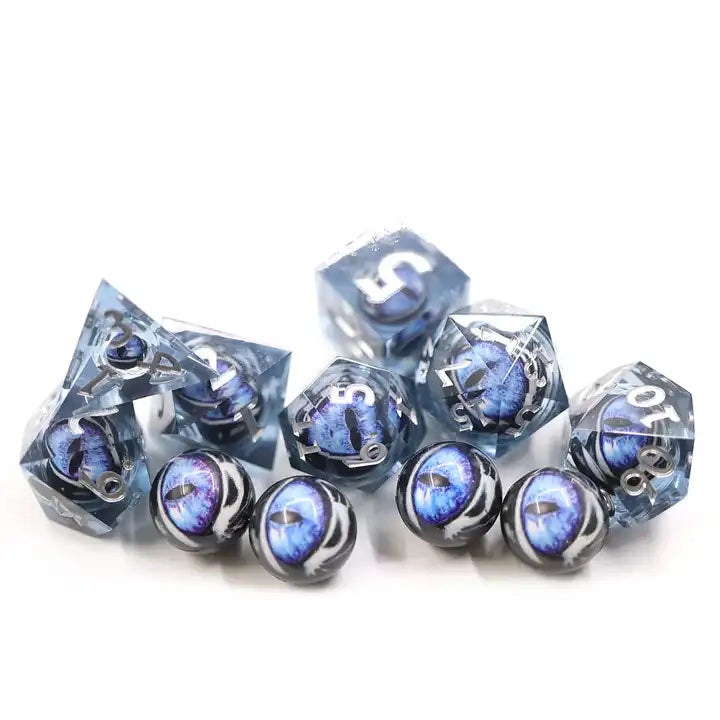 Sharp edge dragon moving eye dnd dice set, for TTRPG role playing games and dice goblin and dice dragon collectors.