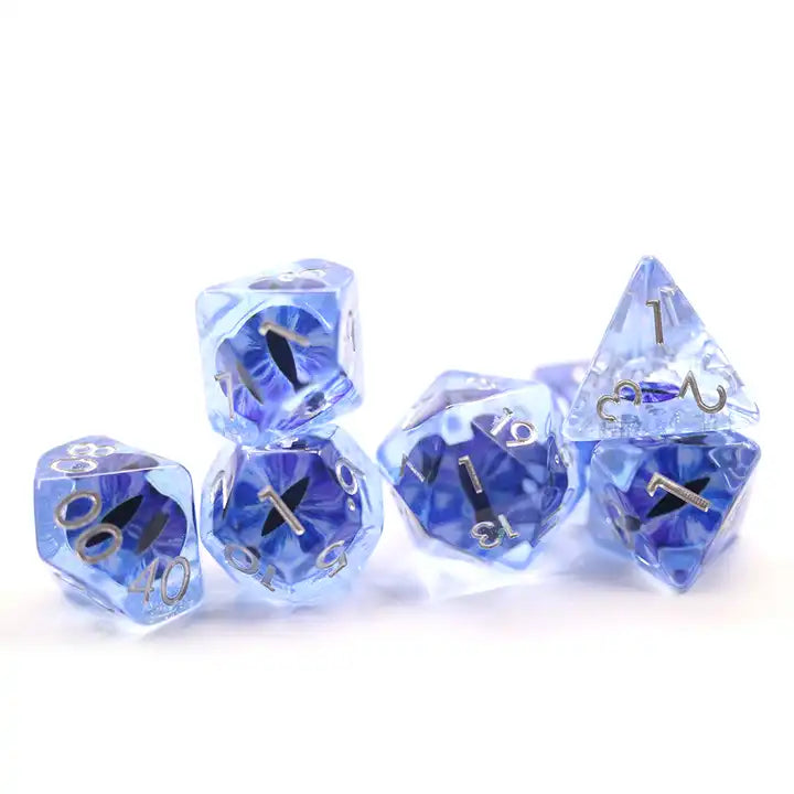 blue dragon eye dnd dice set, TTRPG role playing games, dice goblin and dice dragon collectors