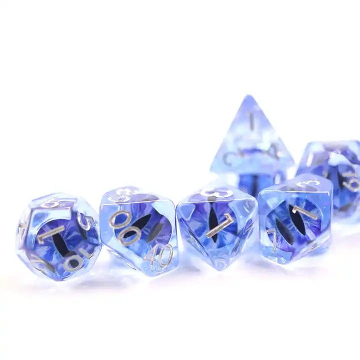 blue dragon eye dnd dice set, TTRPG role playing games, dice goblin and dice dragon collectors