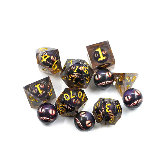Grinning cat dnd dice set, dnd dice, RPG role playing games, dice goblin and critical critter collectors