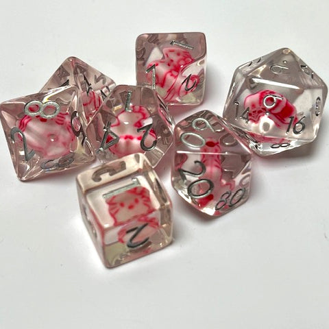 pink cat dnd ttrpg role playing game dice set for dice goblins and dice dragons