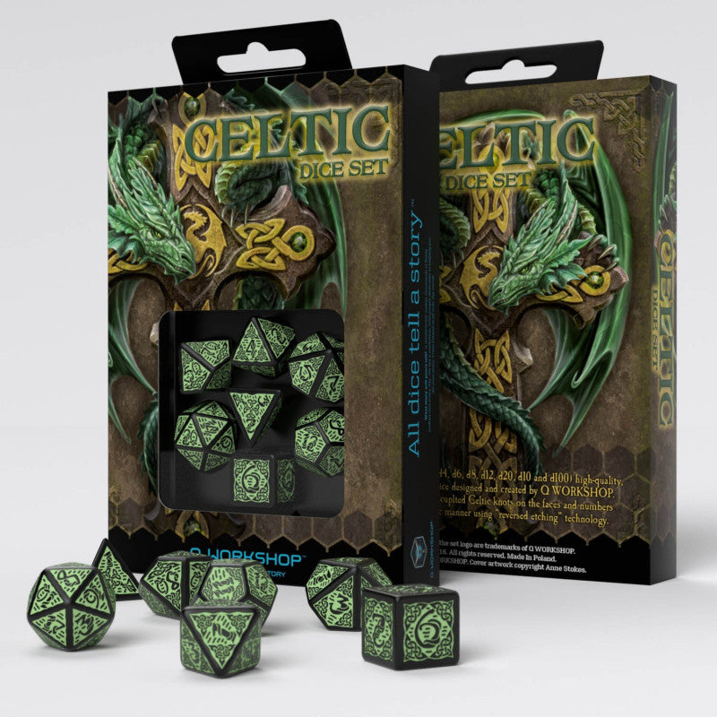 Celtic gren and black from QWorkshop, TTRPG, DND dice sets for role playing games, DND and dice goblin, critical critters