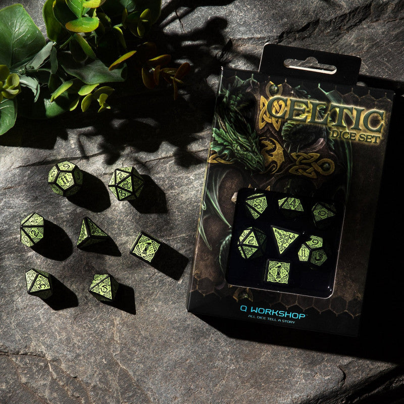 Celtic gren and black from QWorkshop, TTRPG, DND dice sets for role playing games, DND and dice goblin, critical critters