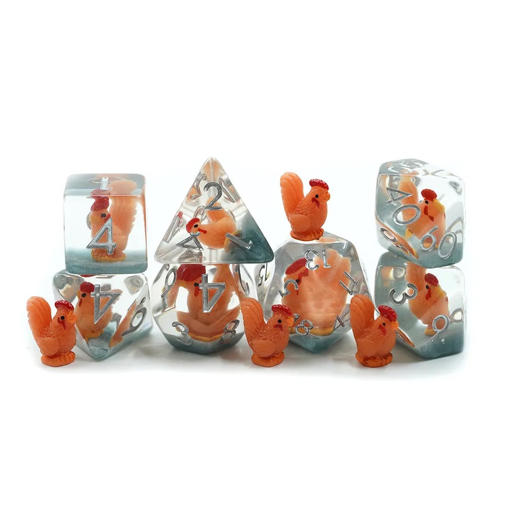 Chicken dnd dice set for RPG, role playing games, critical critters, dice goblin and dice dragon collectors
