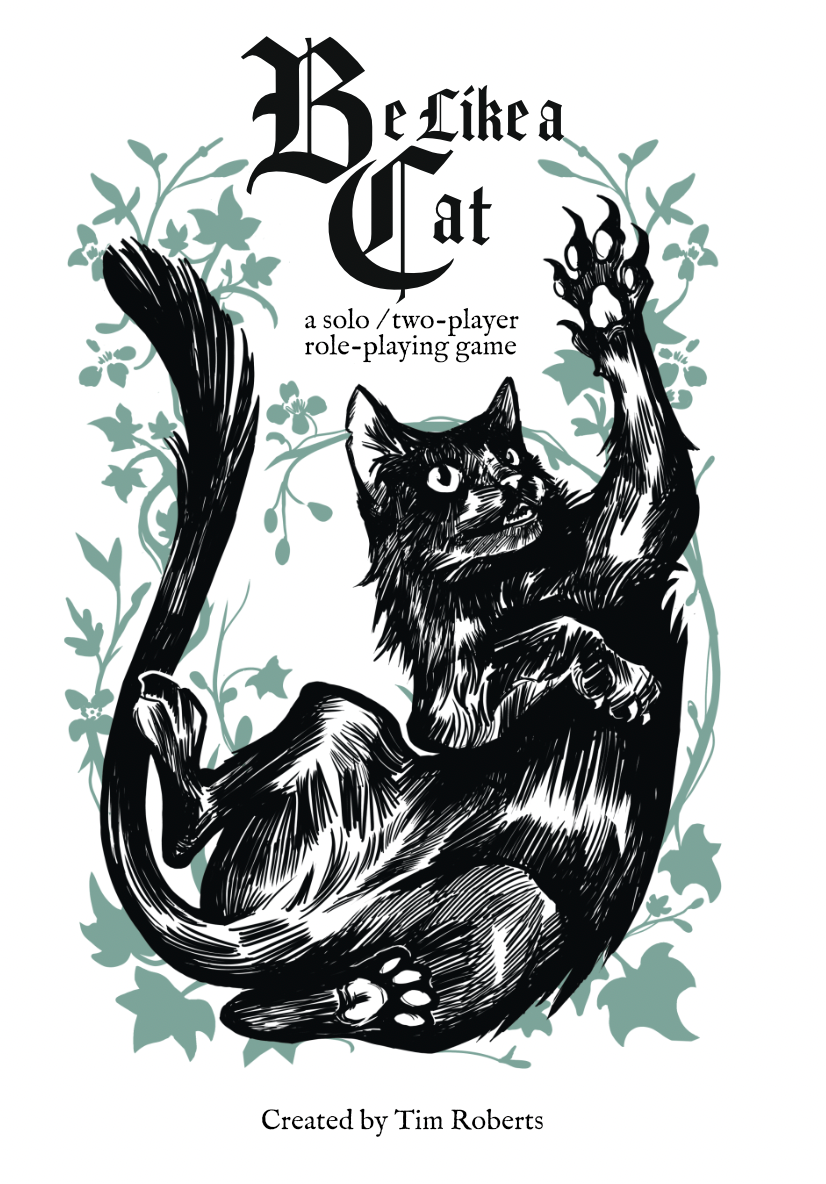 Cover of 'Be Like a Cat' role-playing game with black cat illustration and decorative elements.