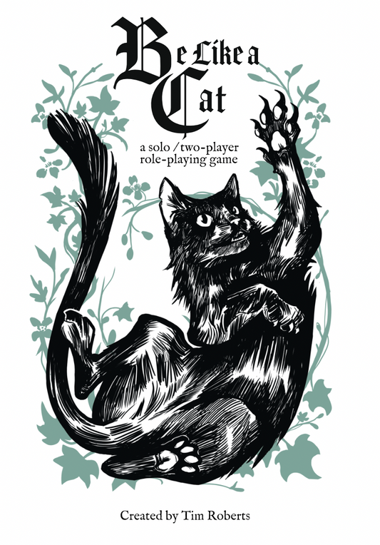 Cover of 'Be Like a Cat' role-playing game with black cat illustration and decorative elements.