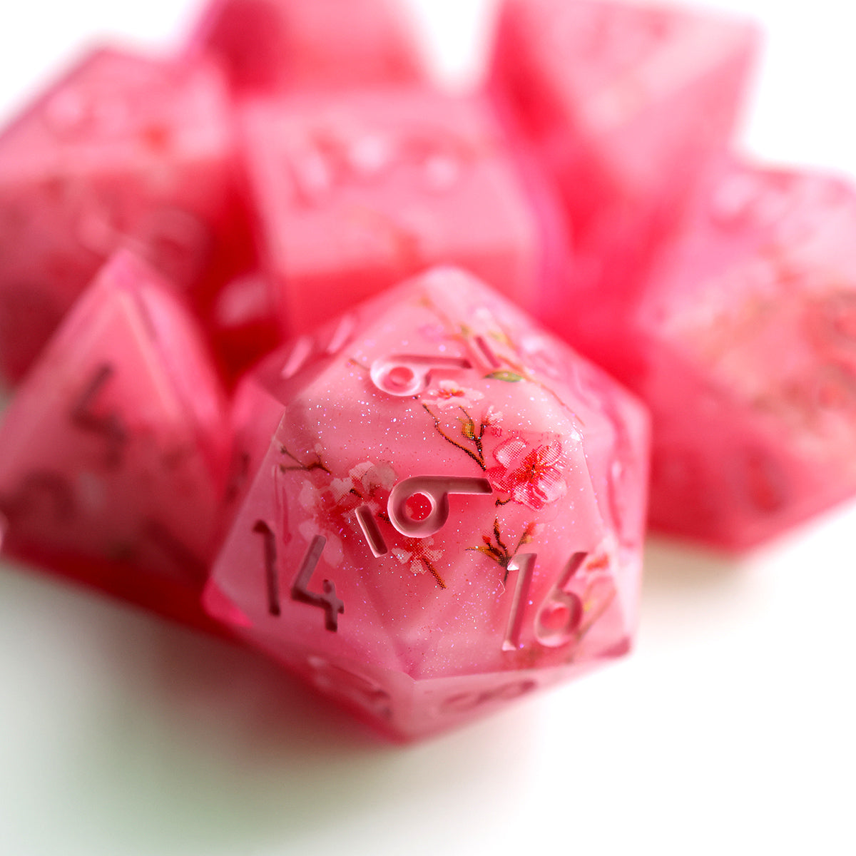 Sukura framed blossom DND dice set, for TTRPG role playing games and dice goblin, dice dragon collectors, available from a UK dice store