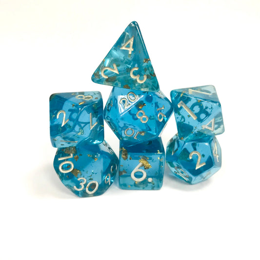 translucent blue dnd dice for TTRPG role playing games, dice goblins and dice dragons