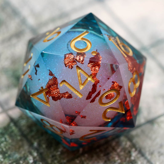 D20 liquid core chonk, blue and red rpg dice, dnd dice, dice goblin and critical critters