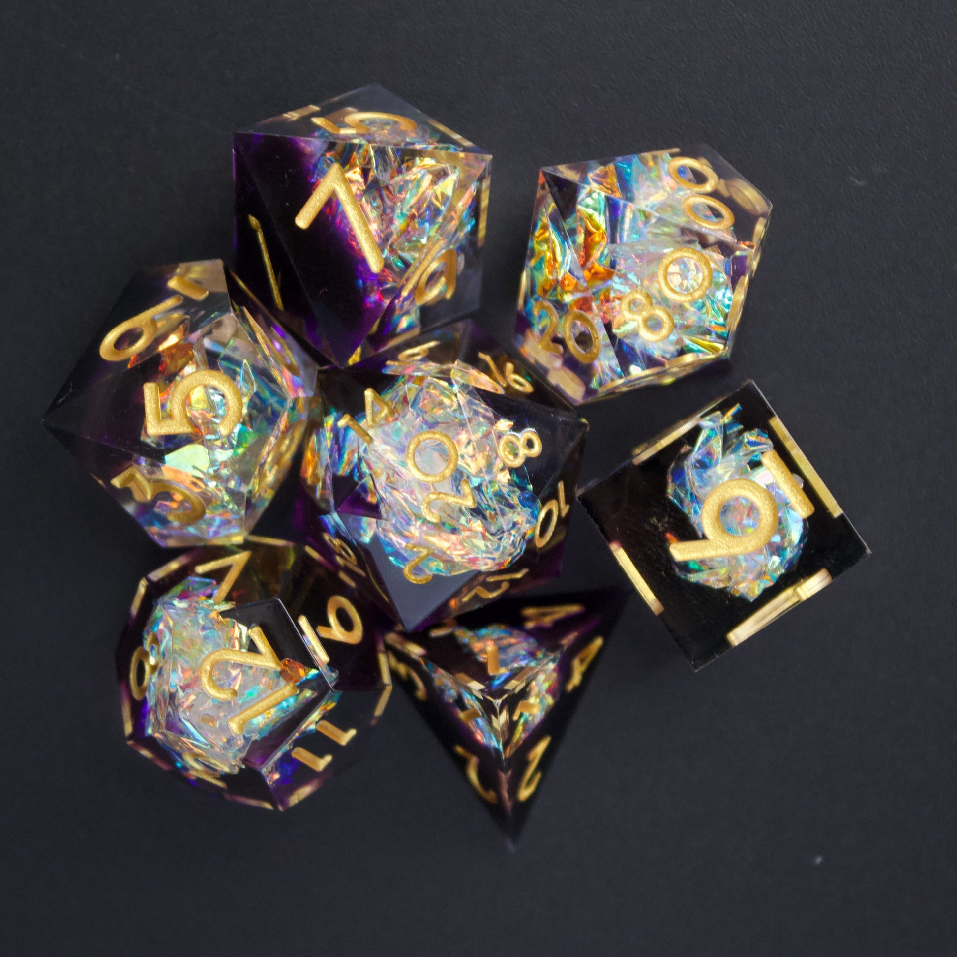 Sharp edge glitter dice sets for DND dungeons and dragons, TTRPG role playing games and dice goblin, dice dragon collectors