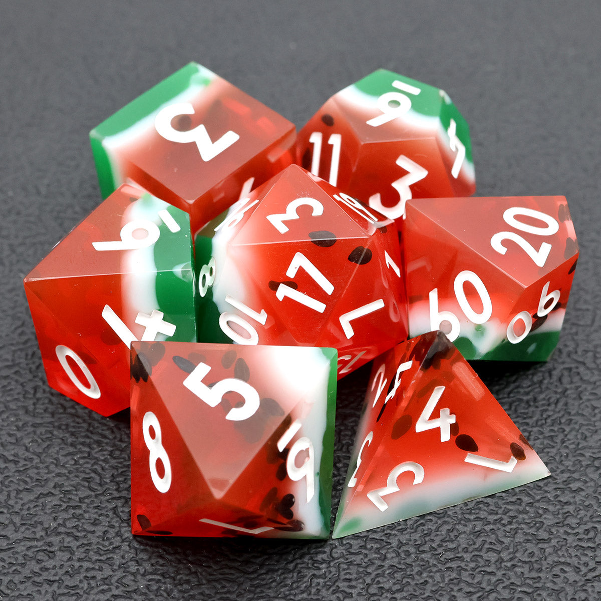 Watermelon dnd/TTRPG dice sets for dnd role playing games and dice goblin collectors from a UK dice store