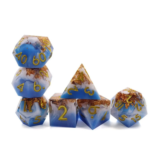 Back to earth, layered blue skies and white clouds with golf flakes, TTRPG dice sets, for role playing games, dice goblin collectors