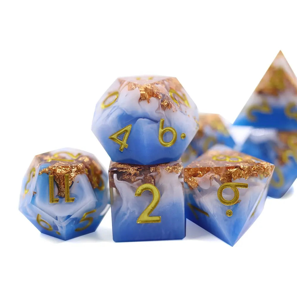 Back to earth, layered blue skies and white clouds with golf flakes, TTRPG dice sets, for role playing games, dice goblin collectors