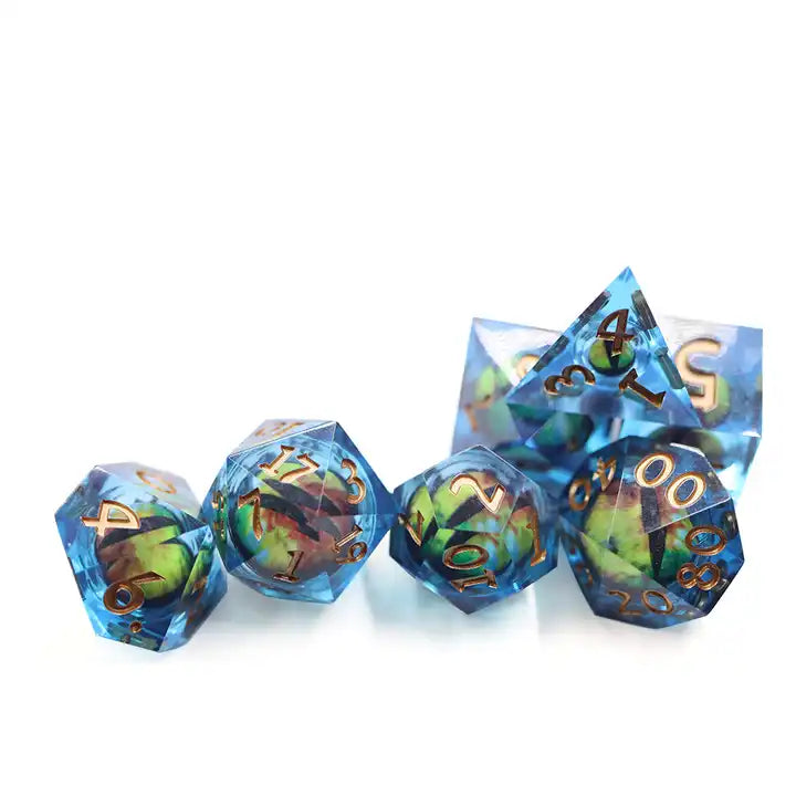 Dracon moving dragon eye dnd dice set, sharp edge dice set for TTRPG role playing games, dice goblin and dice dragon collectors