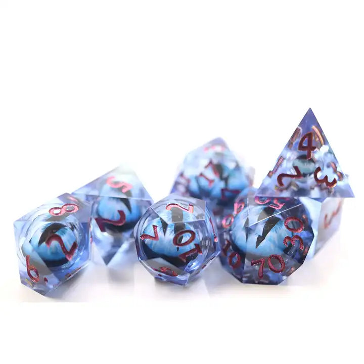 dragon eye sharp edged dnd dice set, for dungeons and dragons, TTRPG, role playing games and dice goblin, dice dragon collectors