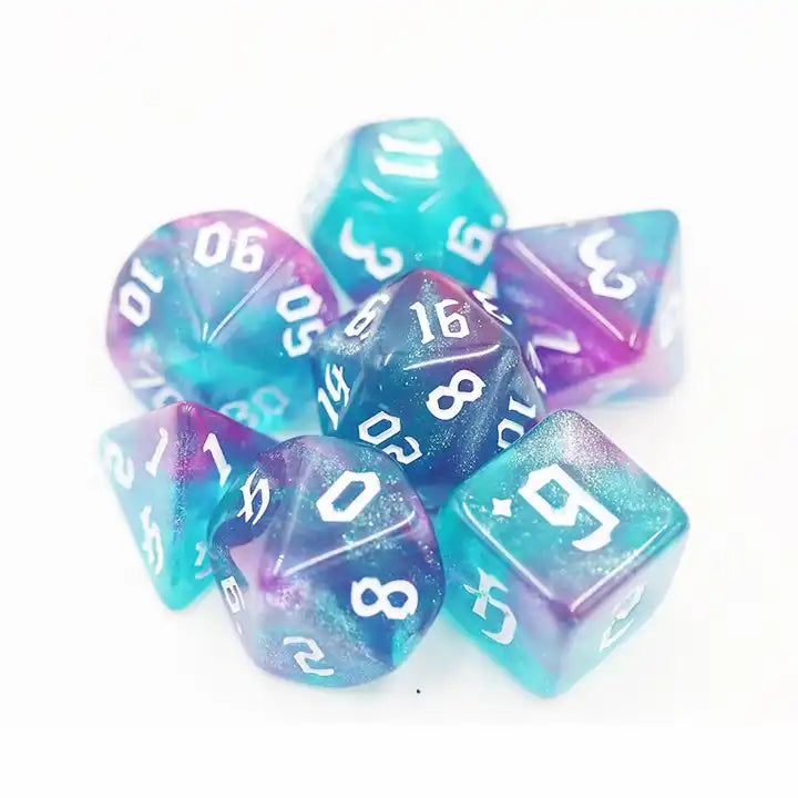 glitter dnd dice set for TTRPG, DND role playing games and dice goblin collectors of click clacks and shiny math rocks